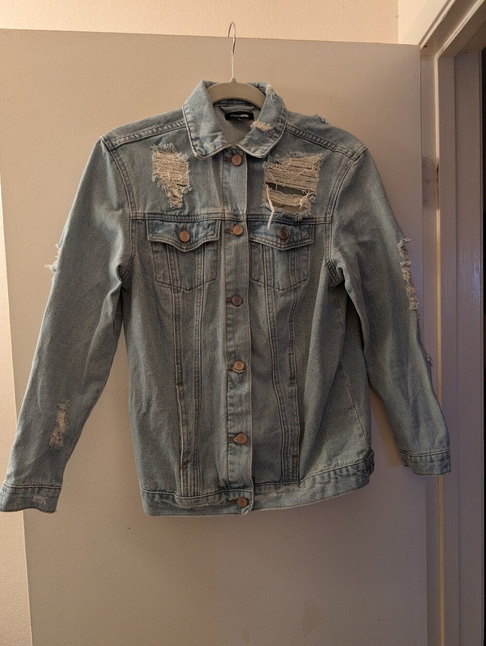 Fashion Nova Light Blue Distressed Denim Jacket
